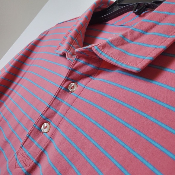 Peter Millar Coral & Blue Stripe Short Sleeve Performance Golf Polo Shirt Size L - Picture 9 of 12